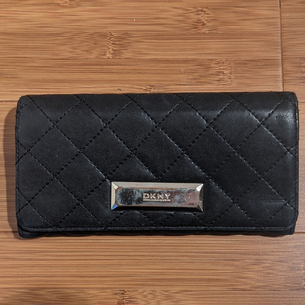 DKNY Black Clutch Quilted Leather Flap Wallet
